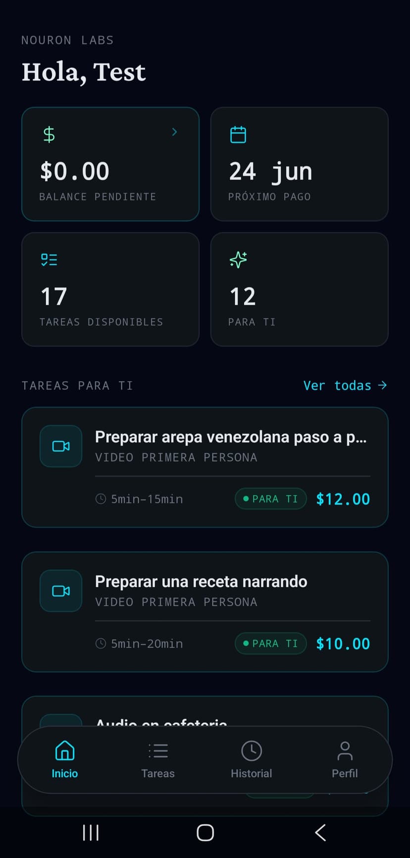 Nouron Labs app dashboard